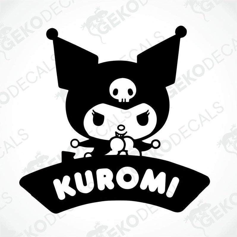 A black and white sticker of Hello Kitty with a 'Kuromi' logo in bold letters.