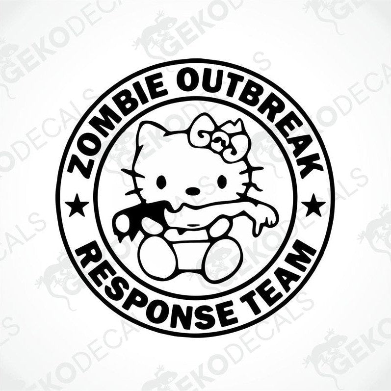 A sticker design featuring Hello Kitty with a Zombie Outbreak Response Team badge, predominantly black and white.