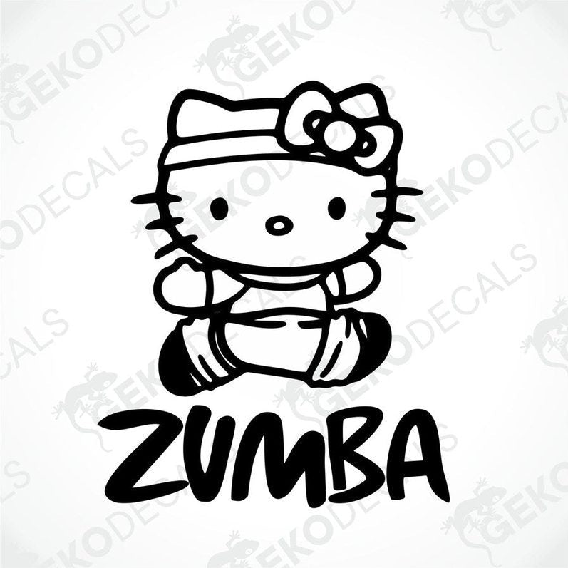 A black and white sticker of Hello Kitty wearing a headband with a flower, sitting in a lotus position, with the word 'ZUMBA' below it.