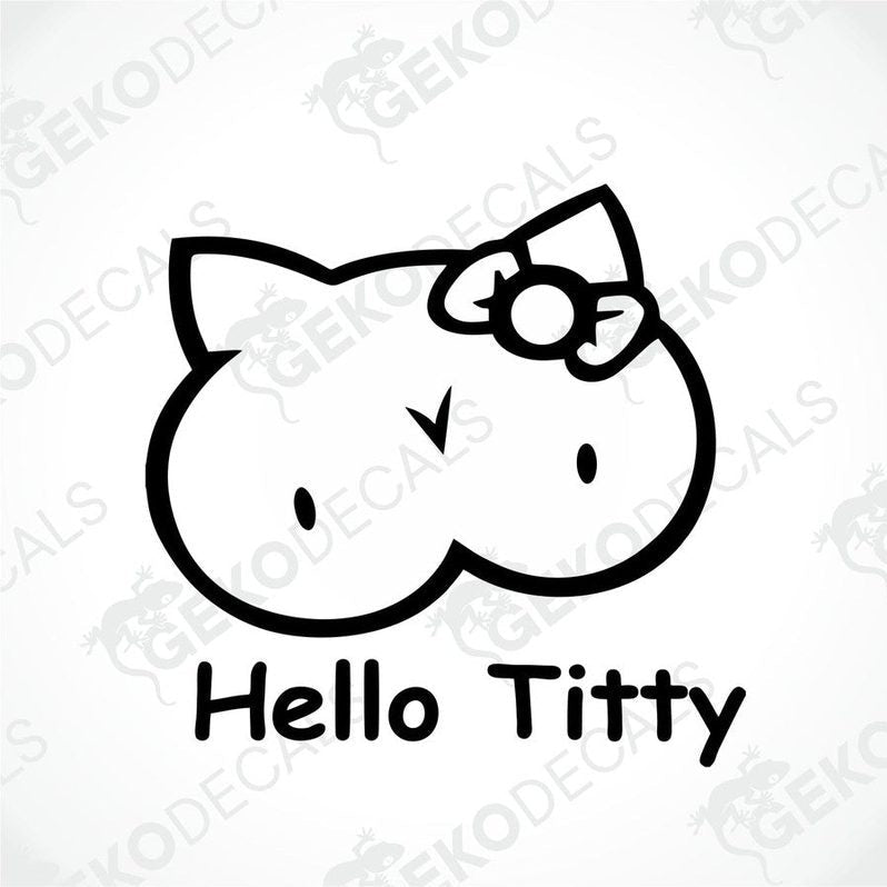 A black and white sticker of Hello Kitty with a bow on her head.