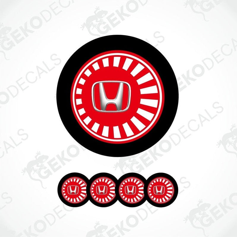 A set of four red and white vinyl stickers with a Honda logo, designed for use as car decals.
