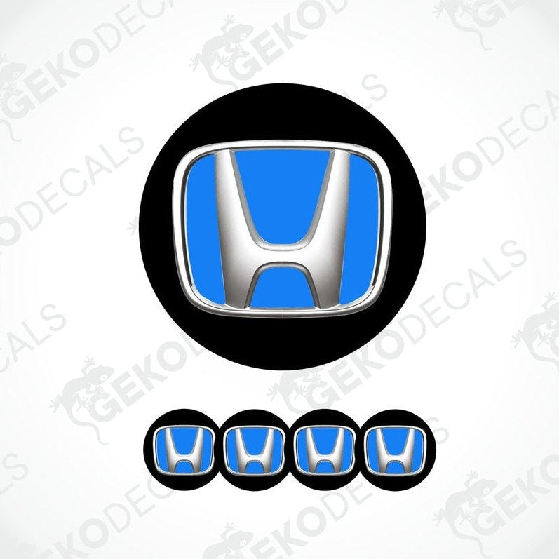 A set of four blue and silver HONDA branded vinyl decals, three in dome shape and one in round shape for vehicle branding.