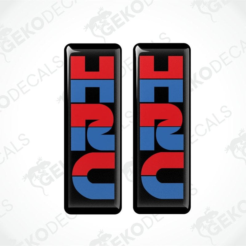 two rectangles on a black background, with the HRC logo written from top to bottom in red and blue