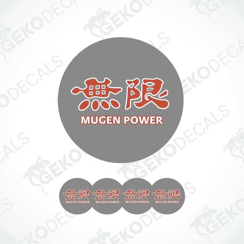 A set of four gray vinyl stickers with red and white text 'HONDA MUGEN POWER' and a GeckoDecals logo.