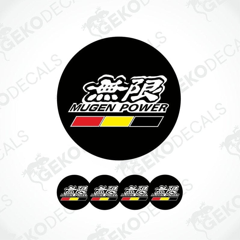 A set of black vinyl decals with 'MUGEN POWER' text and a graphic design, displayed on a white background.