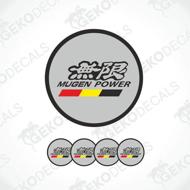 A set of vinyl decals with 'Mugen Power' branding, predominantly black with red and yellow accents, displayed on a white background.