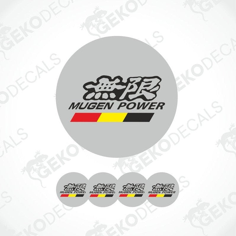 A set of vinyl decals with 'MUGEN POWER' text and a graphic design, presented in a circular layout indicating the design for wheel caps.