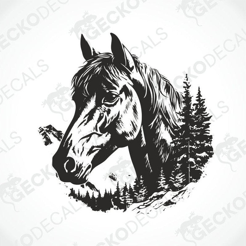 A black and white decal of a horse with a forest and snowy background.