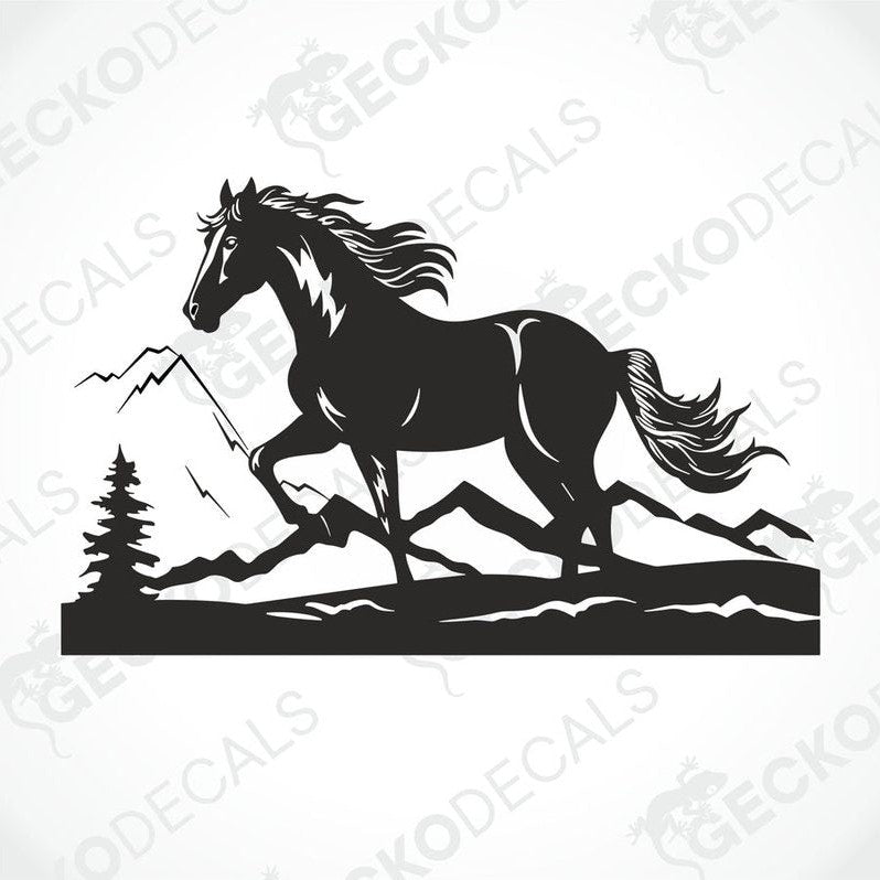 A black die cut decal of a horse in a mountainous landscape.