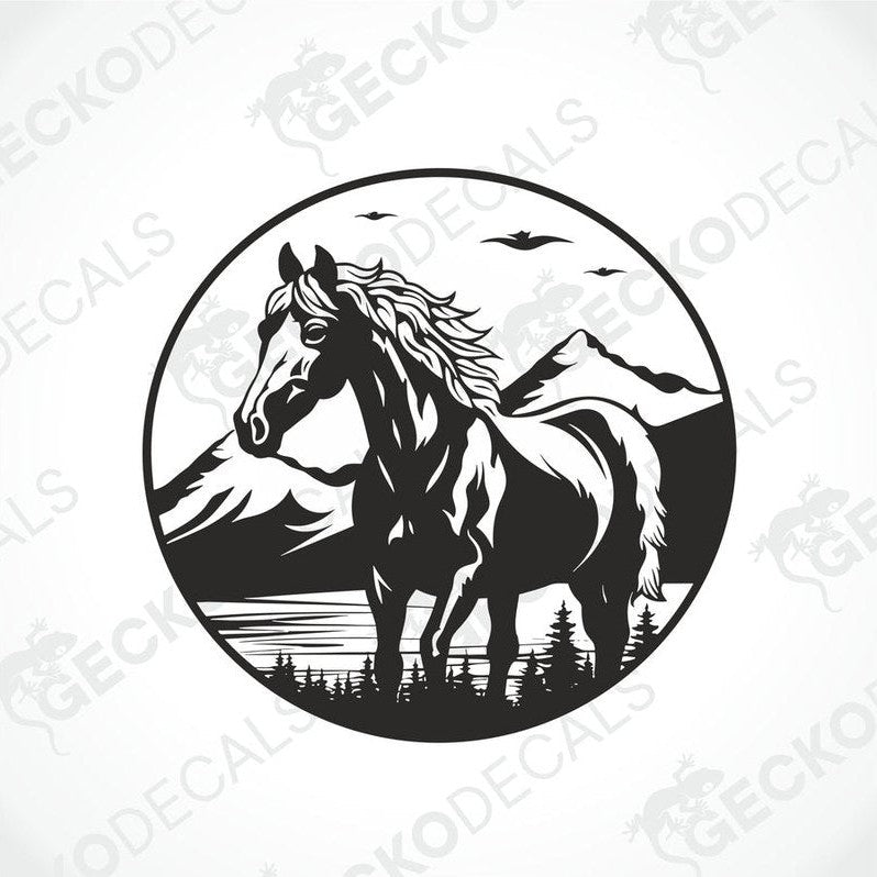 A black and white decal of a horse with a mountainous background.