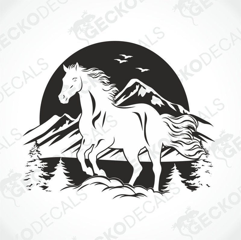A black and white decal of a horse with a mountainous background and a night sky.