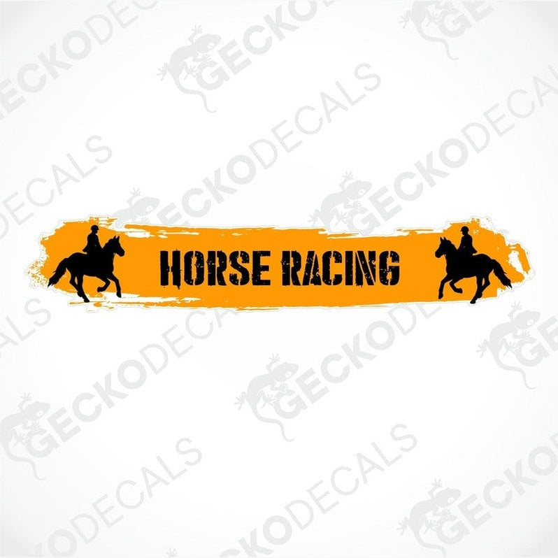 Close-up of horse racing vinyl sticker featuring distressed text and galloping horse graphics