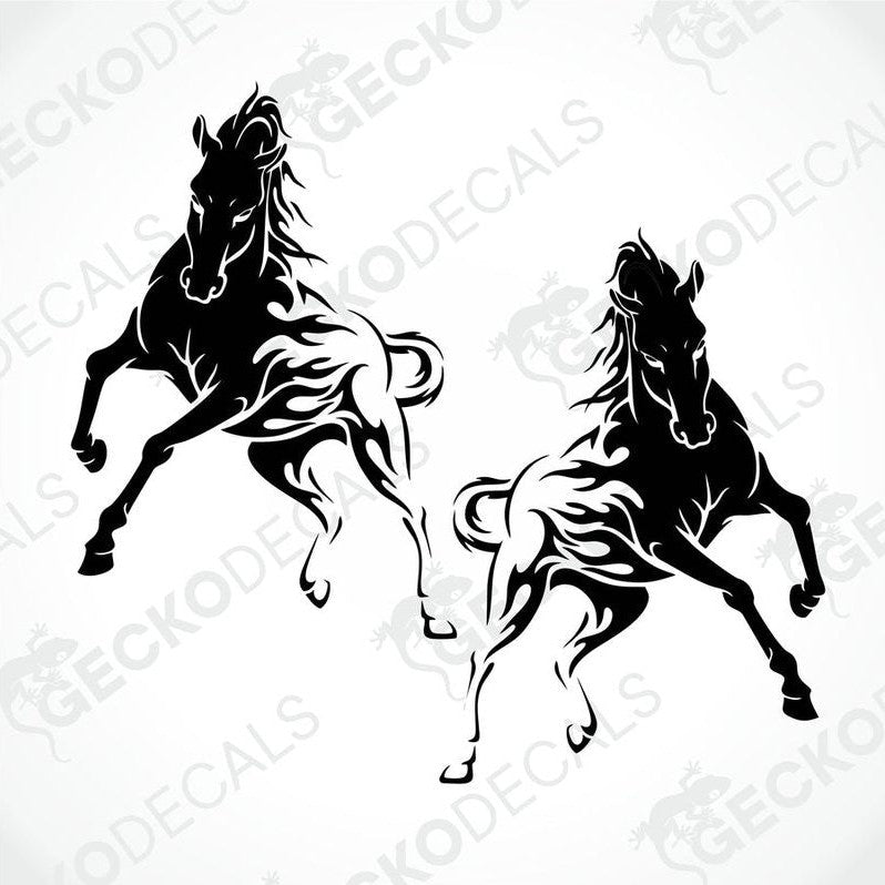 Two black and white images of horses on a white background, designed as decals.