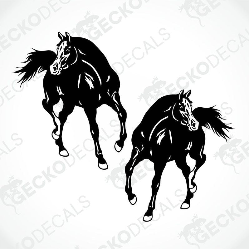 Two black and white die cut stickers of horses running, delivered on transfer paper with the GeckoDecals logo.