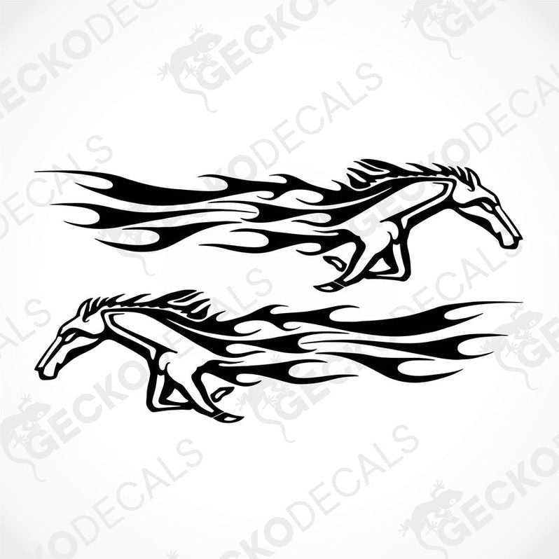 Two black and white stickers of horses with tribal decals.