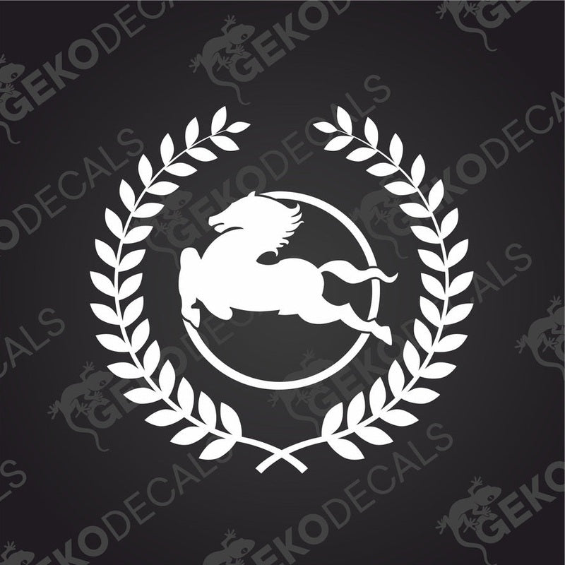 A white decal of a IVECO horse within a laurel wreath, designed for use on vehicles or equipment.
