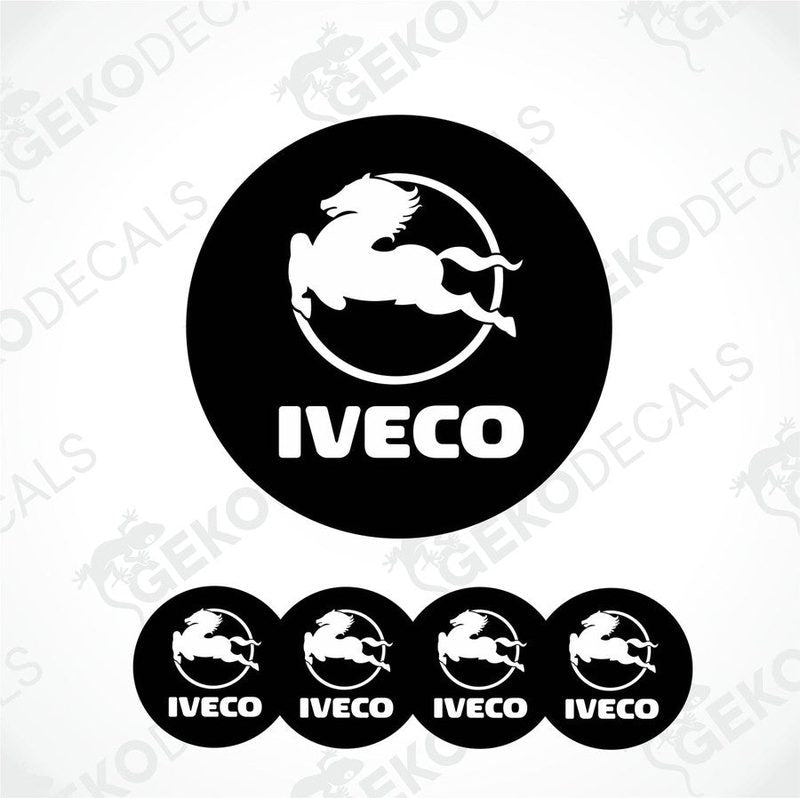 A set of black and white vinyl decals with the IVECO logo, including one large decal and four smaller ones.