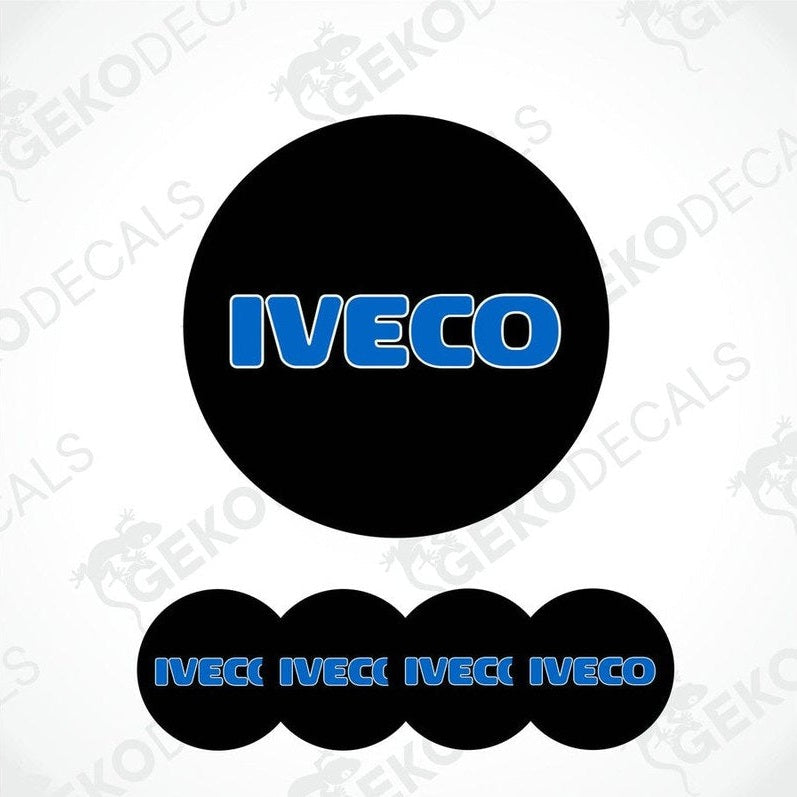 A set of four black vinyl stickers with the word 'IVECO' printed in blue and white.