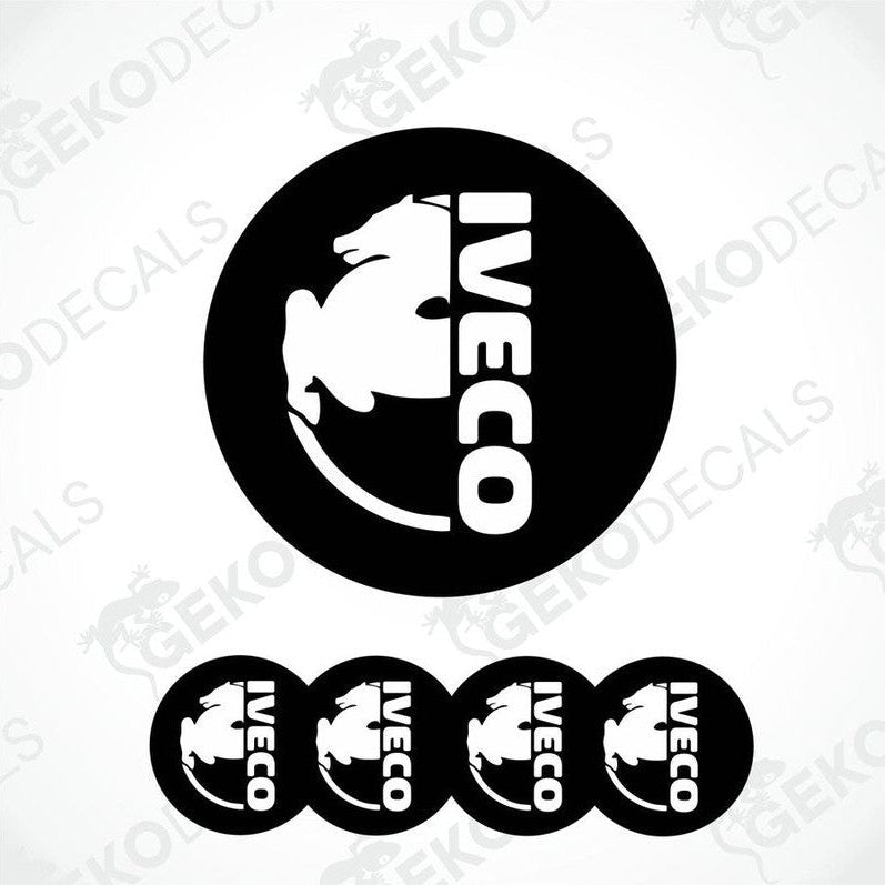 A set of black and white vinyl decals with the IVECO logo, including one large decal and four smaller ones.