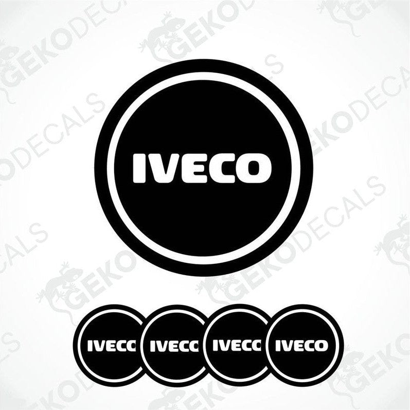 A set of four black vinyl decals with the white IVECO logo on them.