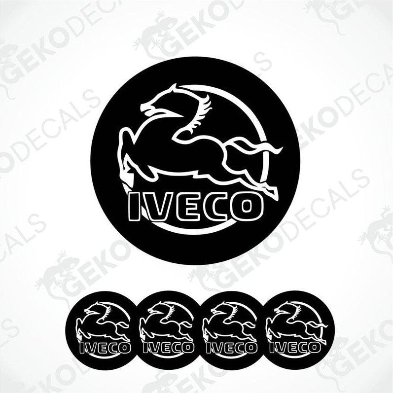 A set of black and white vinyl decals with the IVECO logo, including one large decal and four smaller ones.