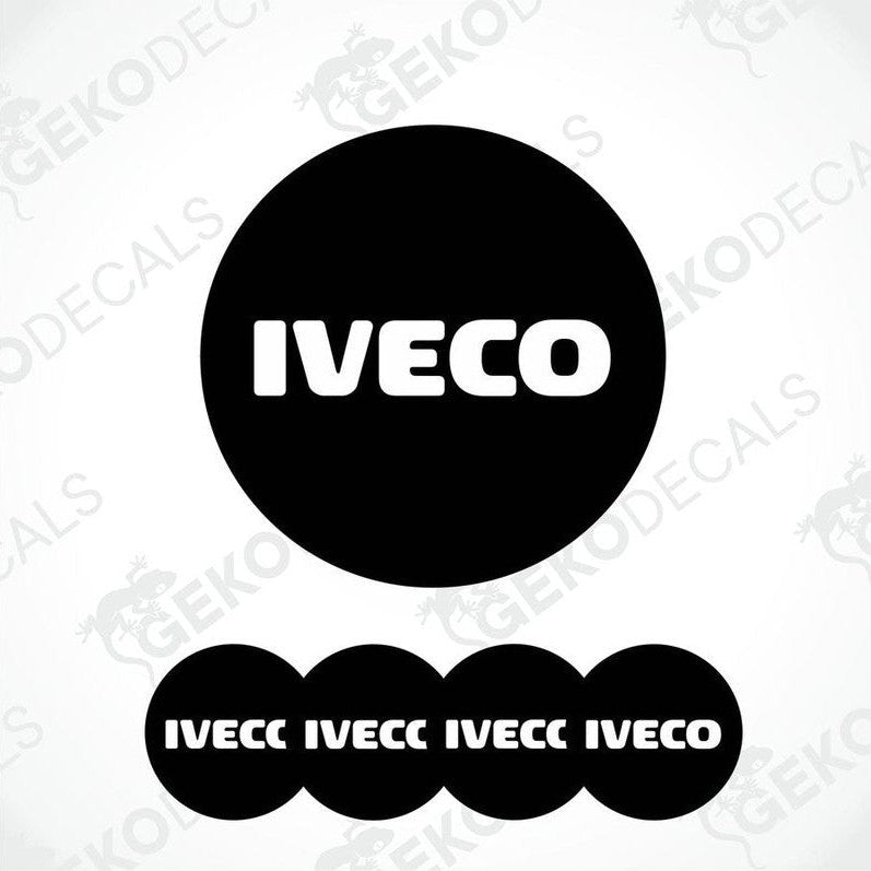 A set of four black vinyl decals with the white IVECO logo on them.