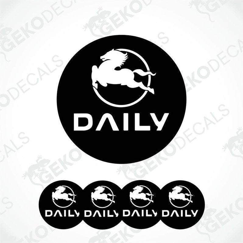 A set of black vinyl decals with the IVECO DAILY logo, including one large decal and four smaller dome-shaped stickers.