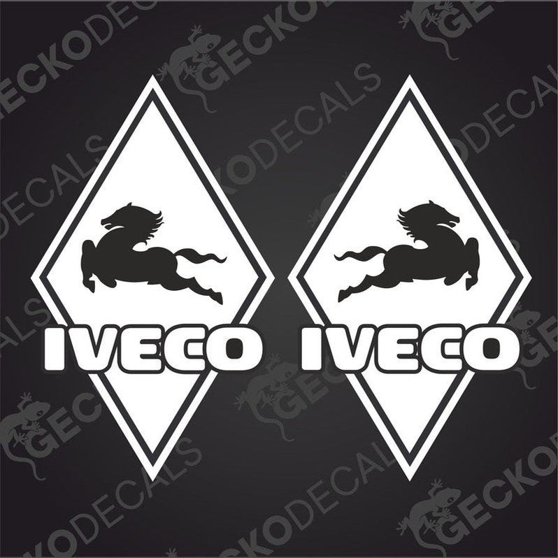 Two black decals with a white horse and the IVECO brand logo on a diamond-shaped background.