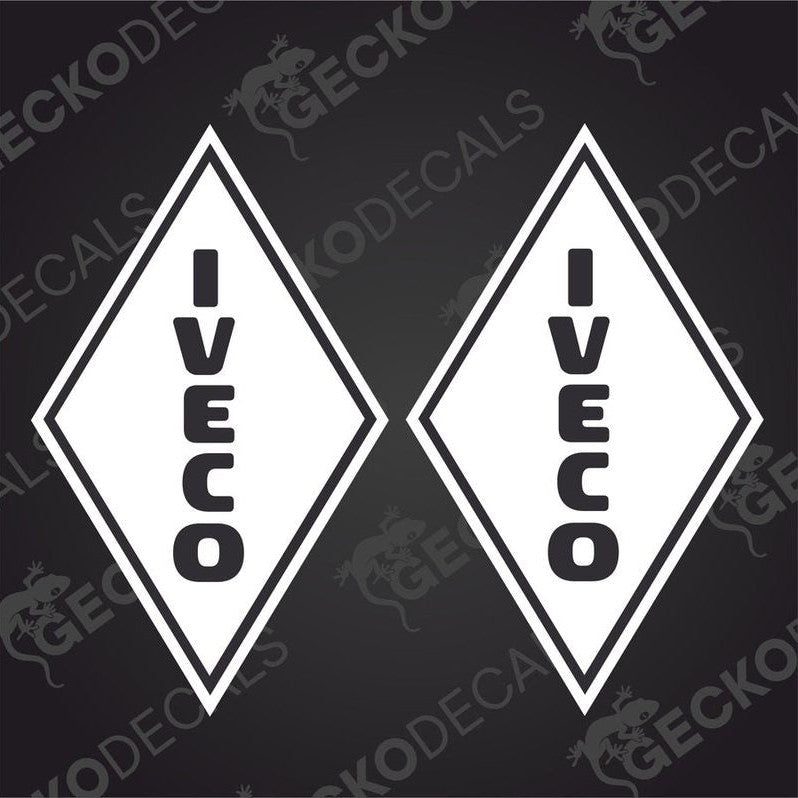 Two white diamond-shaped decals with the IVECO brand logo, designed for use on vehicles.