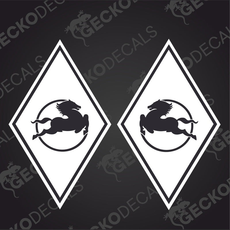 A set of two black decals with a diamond and a stylized horse design, with the text 'IVECO' and 'GeckoDecals'.