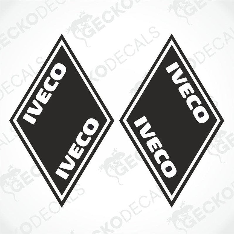 Two black decals with the word 'IVECO' in white, placed against a white background with a Gecko Decals logo.