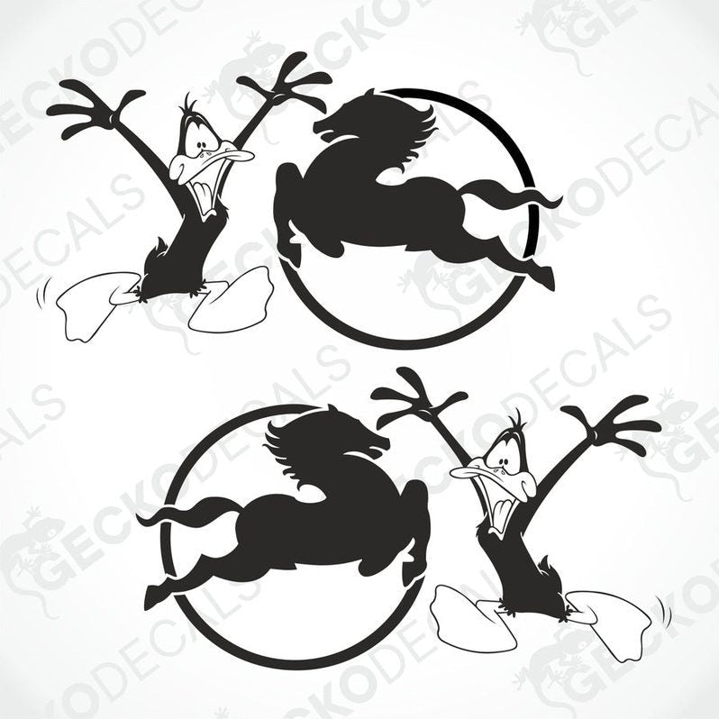 Set of two black and white decals featuring a stylized duck design, intended for use on vehicles or other surfaces.