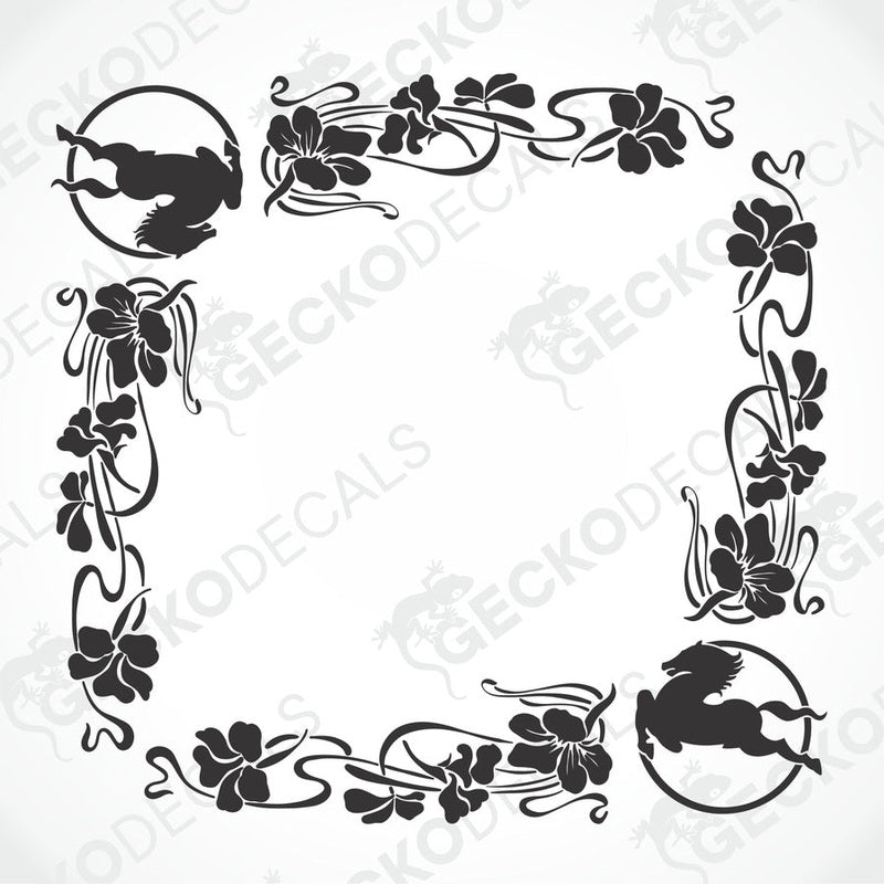 A black and white image of a die-cut floral side window decal for an IVECO truck. The design includes intricate floral patterns and decorative elements.