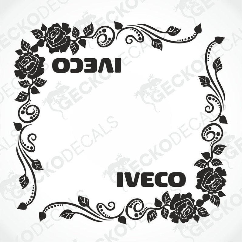 A set of two black tribal pattern car decals with the IVECO logo, designed for placement on the side windows of a vehicle.