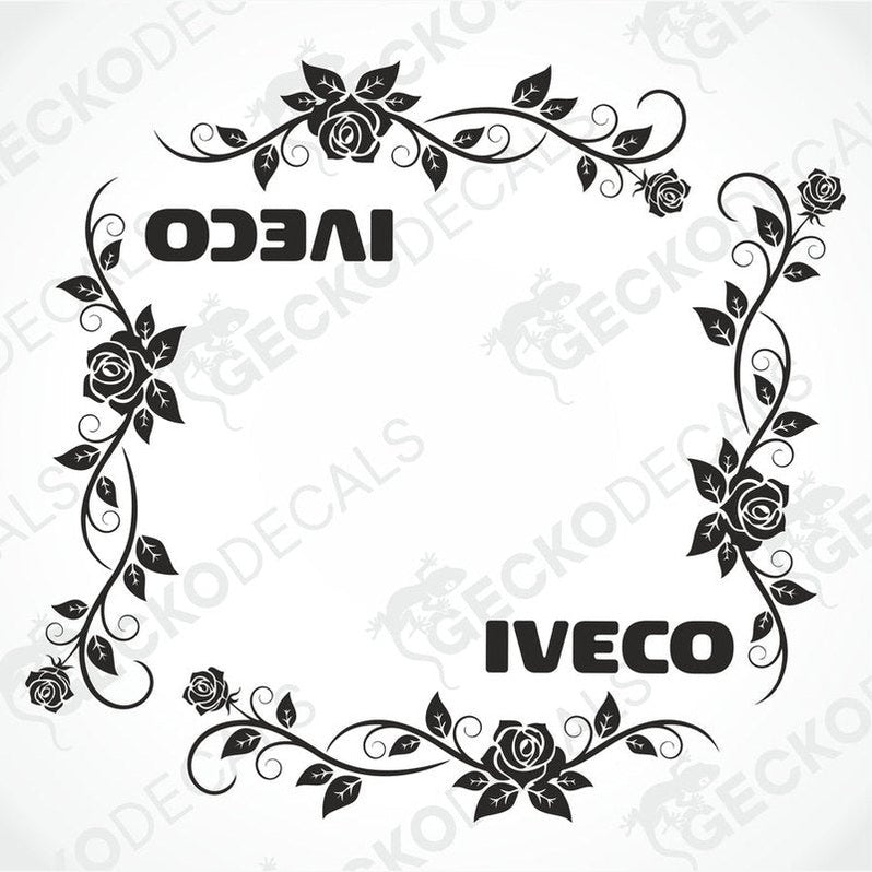 A black and white image of two floral side window decals for IVECO vehicles, featuring roses and decorative foliage.
