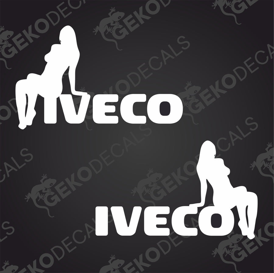 Two white vehicle decals of a female figure, one standing and the other sitting, with the brand name 'IVECO' displayed above.