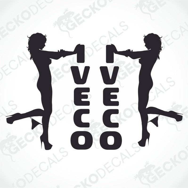 Two black and white stickers depicting a stylized female figure with the brand name 'IVECO' written across.