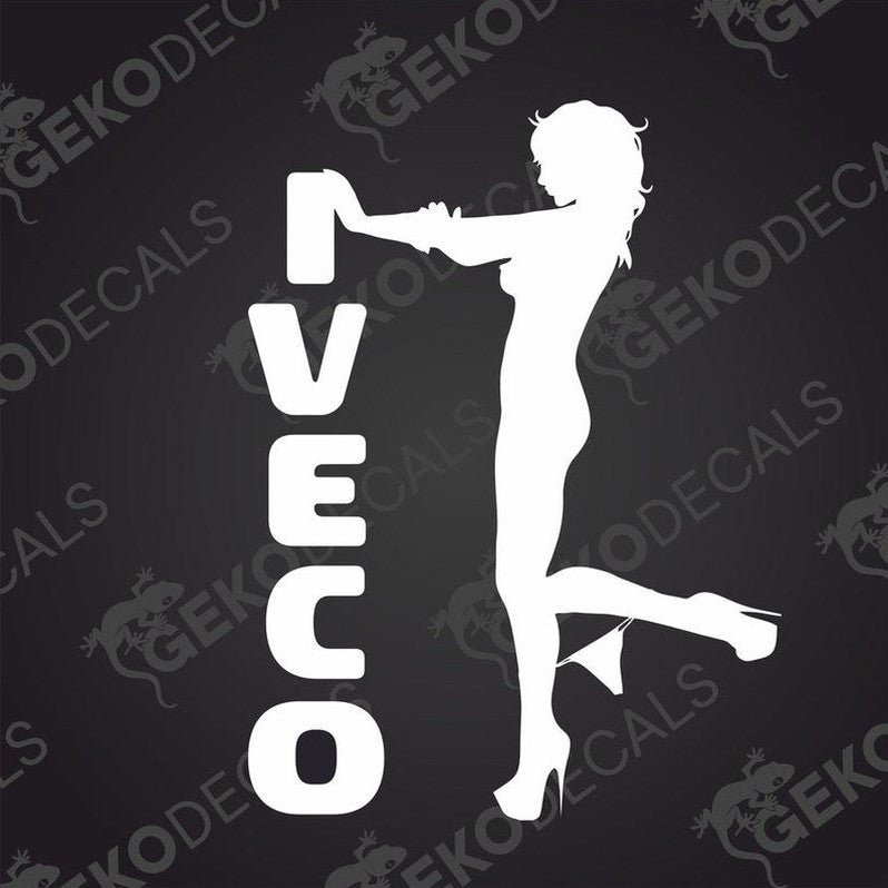 A sticker decal of a girl holding a beer bottle with the text 'IVECO' on the bottle.