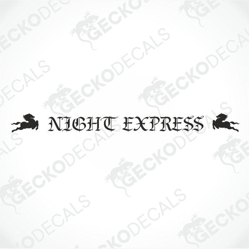 A front view of a truck with a 'NIGHT EXPRESS' decal on its windscreen.