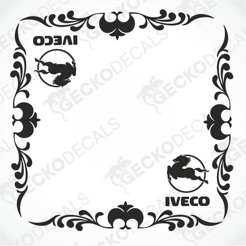 IVECO side window decal with ornate floral border and horse emblem on transfer paper