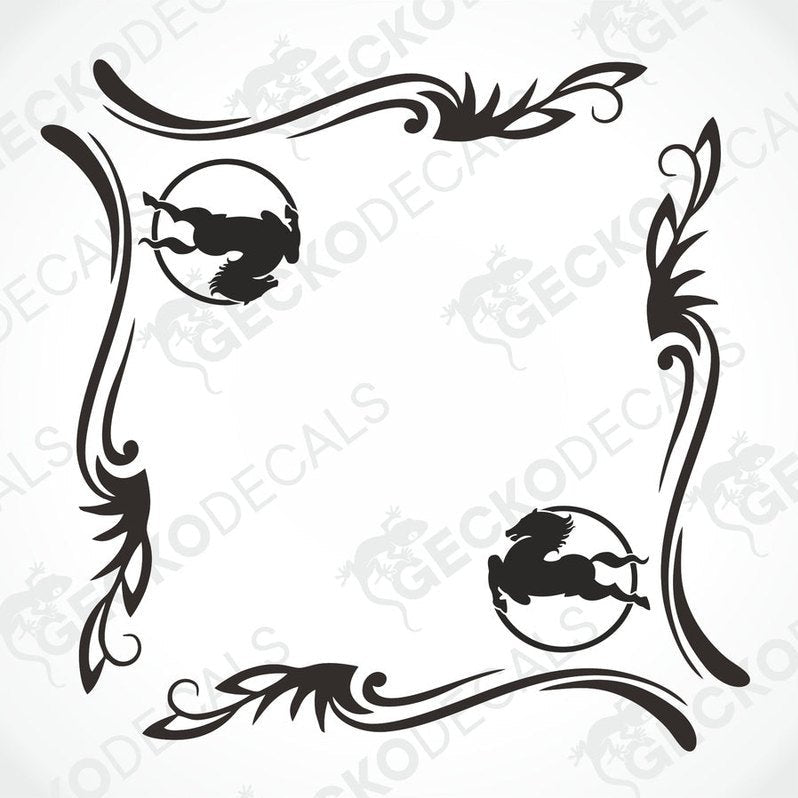 A black and white image of a die cut decal with a floral pattern and animal silhouettes intended for use on IVECO side windows.