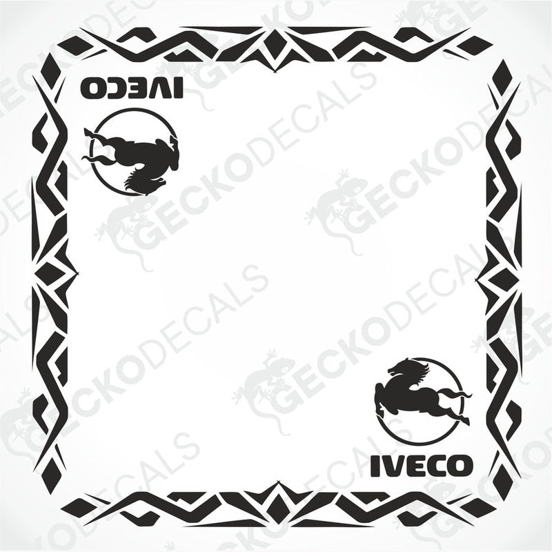 IVECO side window die cut decals on transfer paper with horse logo and geometric border