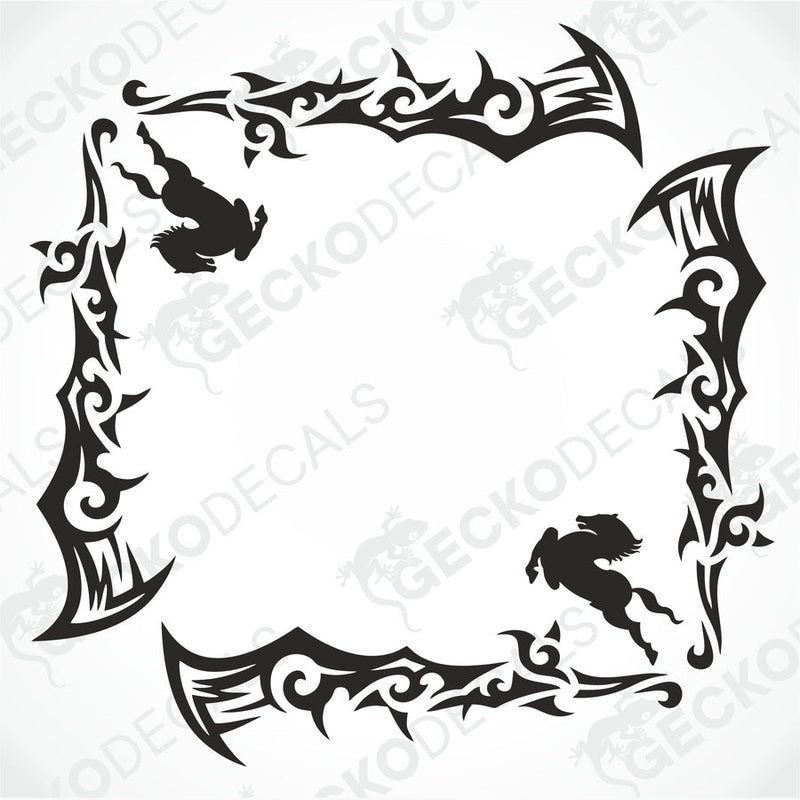 A set of two black die cut decals with a tribal pattern design for vehicle windows, intended for both interior and exterior use.