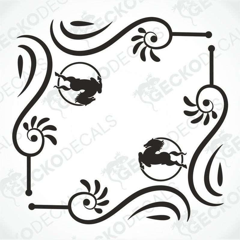 A black and white image of a die cut decal with a floral pattern and animal silhouettes intended for use on IVECO side windows.