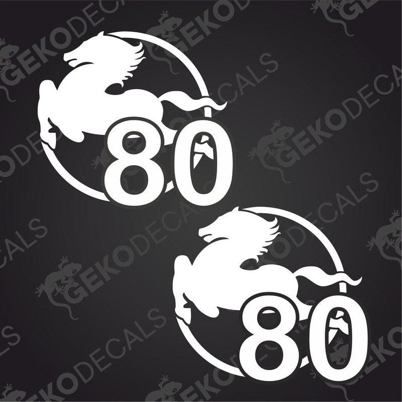 Two white die cut decals with a horse silhouette and the number IVECO 80, designed for use on vehicles.