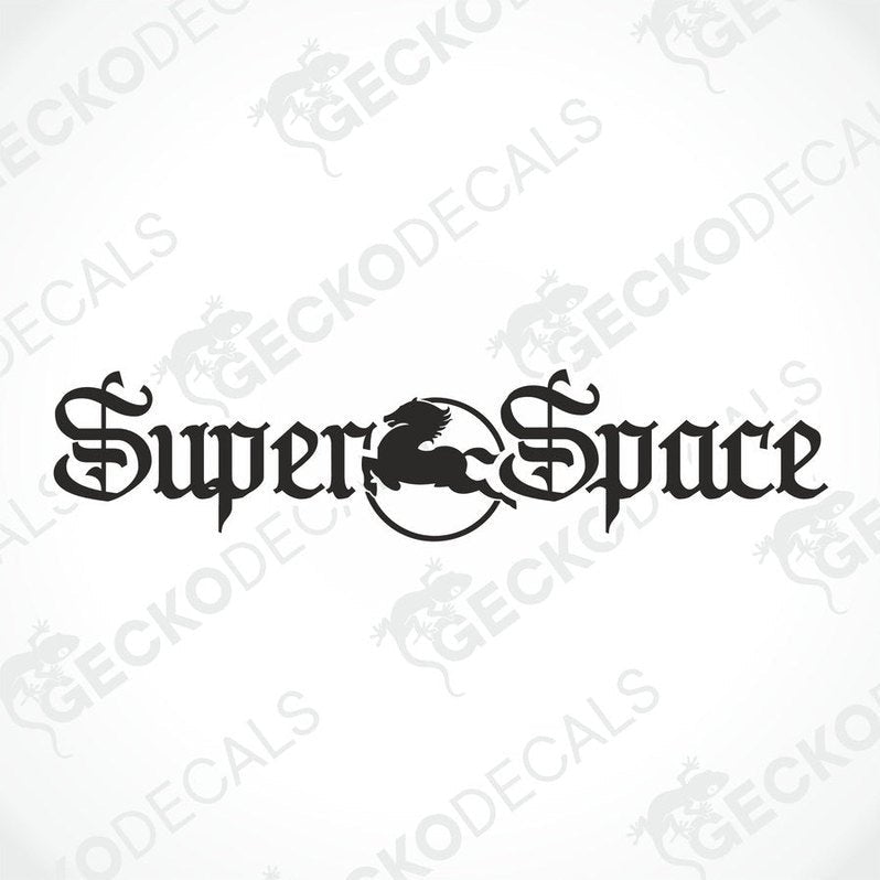 A graphic representation of a truck windscreen decal with the text 'Super Space' displayed on the front of a gray truck.