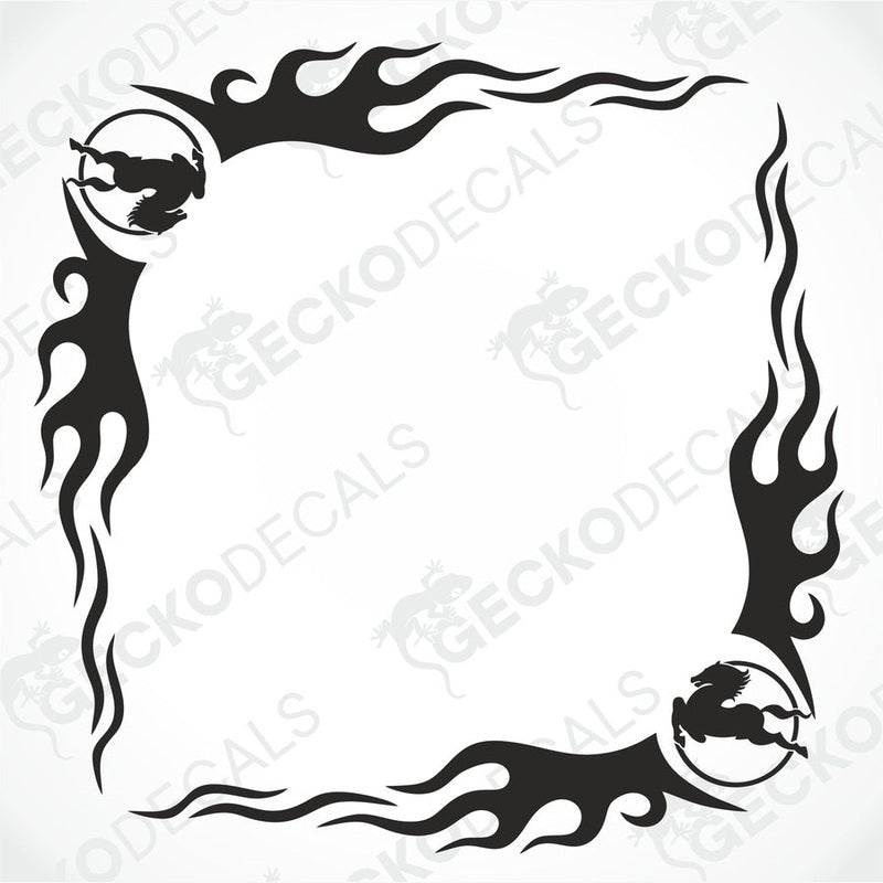 Black IVECO Tribal side window decal with Pegasus horse motifs and flame border design