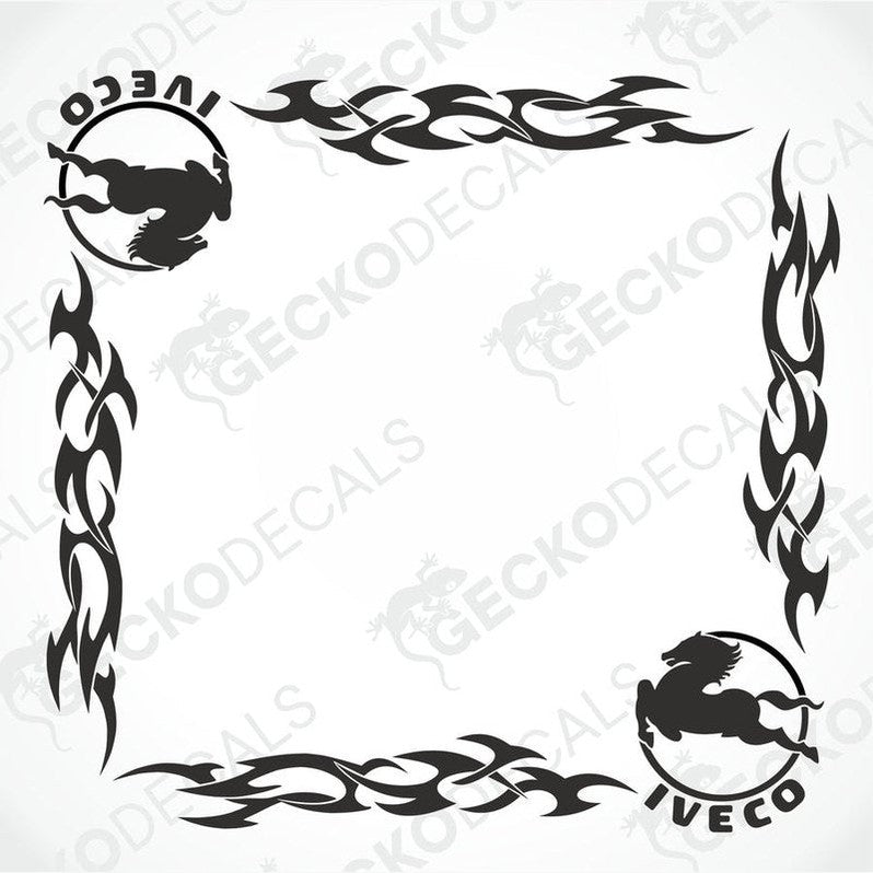A set of two black tribal patterned decals for IVECO side window, designed for both interior and exterior use.