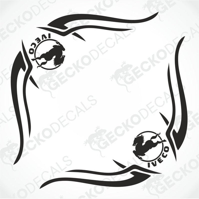 A set of two black side window decals with a tribal design, intended for use on a vehicle such as an IVECO truck.