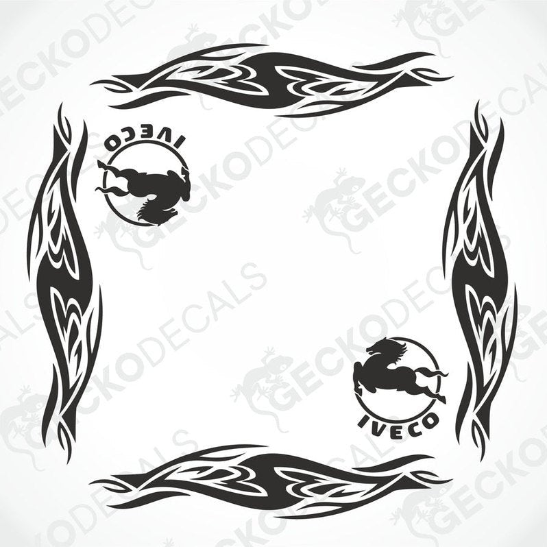 IVECO Tribal side window decal set with black flame swirl patterns and horse logos on transfer paper